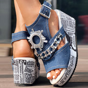Newspaper Buckle Denim Wedge Slides - Anklet Not Included