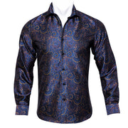 Barry.Wang Teal Paisley Floral Silk  Autumn Long Sleeve Casual Flower Designer Fit Dress Shirt