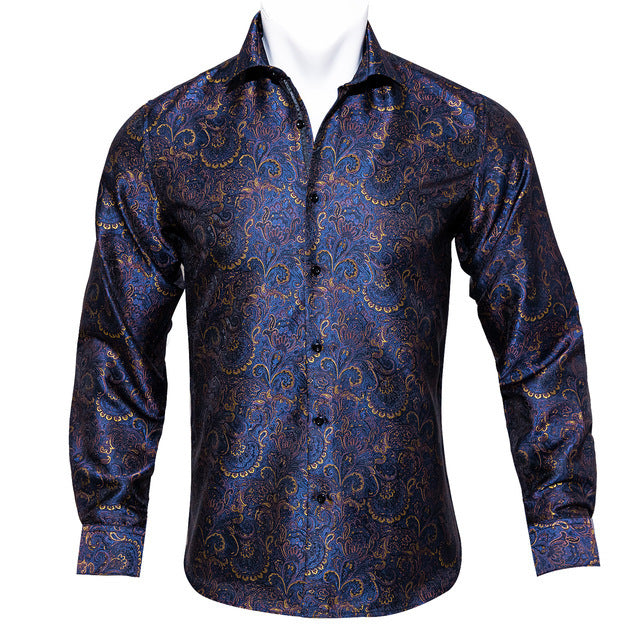 Barry.Wang Teal Paisley Floral Silk  Autumn Long Sleeve Casual Flower Designer Fit Dress Shirt