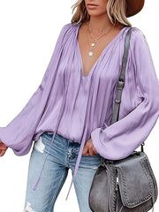 Women's Satin V-Neck Long Sleeve Blouse Casual Lantern Sleeve Top Solid Color Polyester Spandex Blend Woven Shirt for All Seasons
