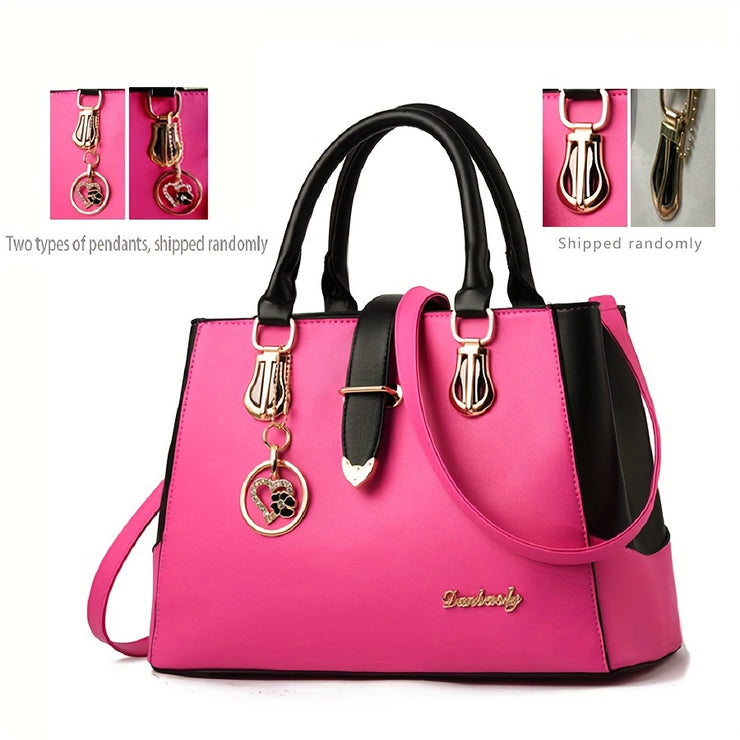Elegant Double Handle Shoulder Bag for Women with Letter Detail Simple Large Handbag Zippered Removable Strap Work Accessory