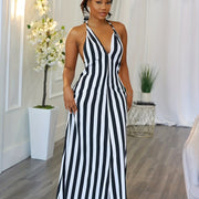 Women's Striped V-neck Halter Dress Backless Design for Spring & Summer Sexy Slip Dress 100% Polyester