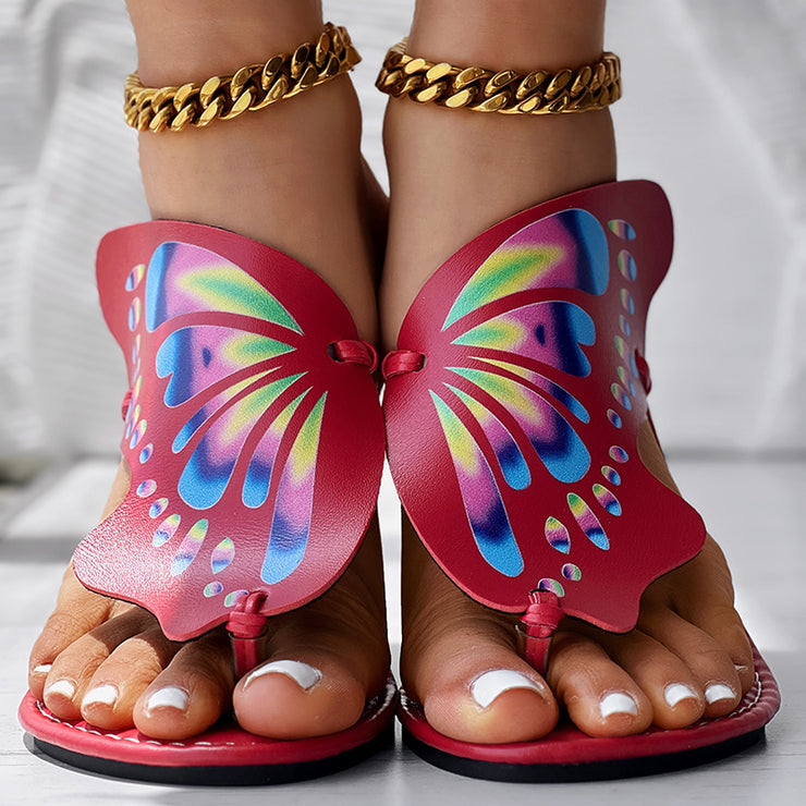 Butterfly Print Round Toe Flip Flops, Comfortable Summer Beach Shoes, Casual Women&
