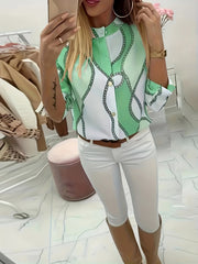 Women's Trendy Boho Chain Print Blouse Rollable Sleeves Stand Collar Durable Non-Sheer Easy Care Top for Spring/Summer/Fall