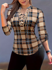 Women's Casual Long Sleeve V Neck Plaid Print Blouse Drawstring Detailing Comfortable Polyester Blend Regular Fit Top