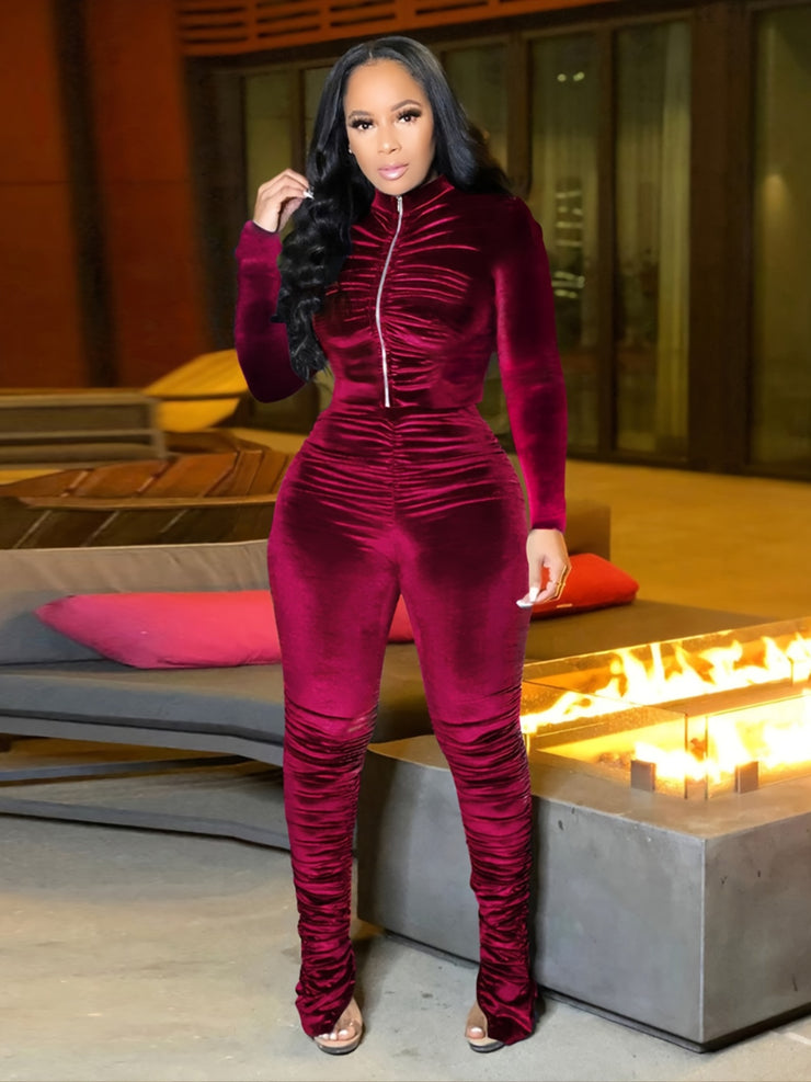 Long Sleeve Crop Top & High Waist Ruched Ruffle Pants Set Soft Polyester Knit Casual Wear Eye Catching Solid Color for Women