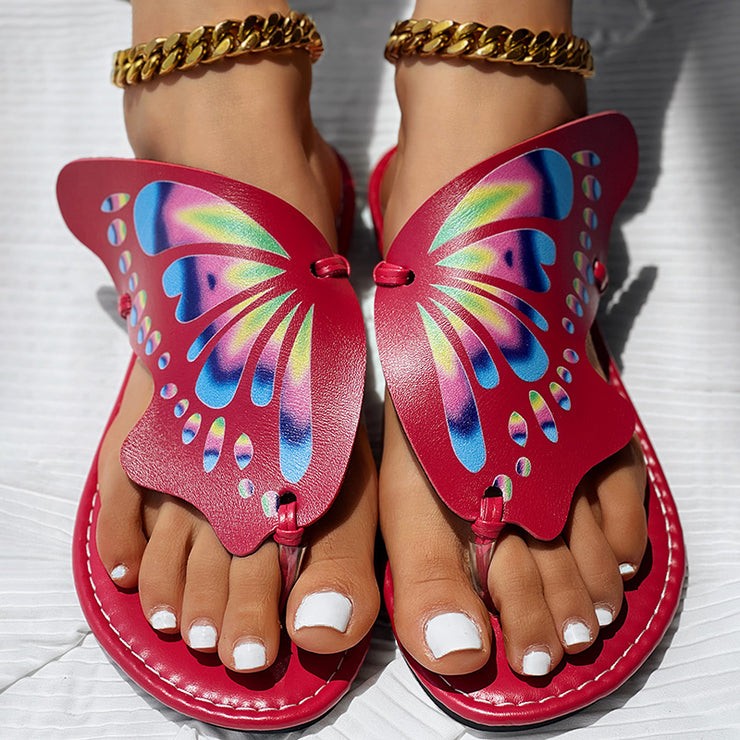Butterfly Print Round Toe Flip Flops, Comfortable Summer Beach Shoes, Casual Women&