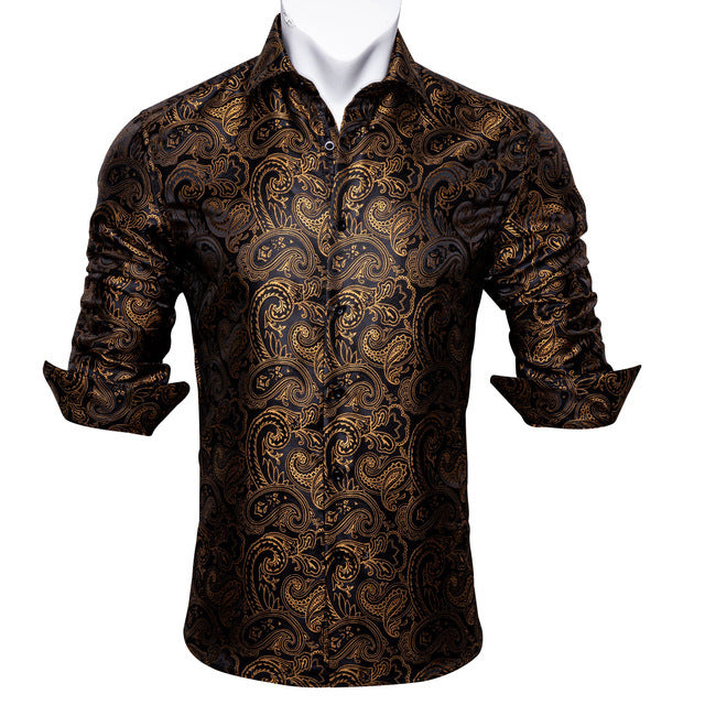 Barry.Wang Teal Paisley Floral Silk  Autumn Long Sleeve Casual Flower Designer Fit Dress Shirt