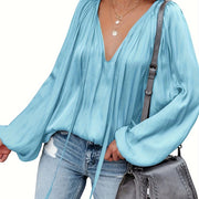 Women's Satin V-Neck Long Sleeve Blouse Casual Lantern Sleeve Top Solid Color Polyester Spandex Blend Woven Shirt for All Seasons