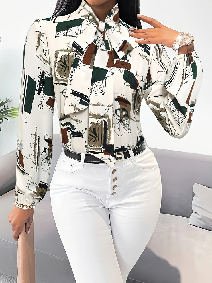 Chic Abstract Print Tie Neck Blouse Flattering Long Sleeves Women&