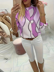 Women's Trendy Boho Chain Print Blouse Rollable Sleeves Stand Collar Durable Non-Sheer Easy Care Top for Spring/Summer/Fall