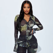 Casual Positioning Printing Lapel Pleated Button Top Two-piece SetPants