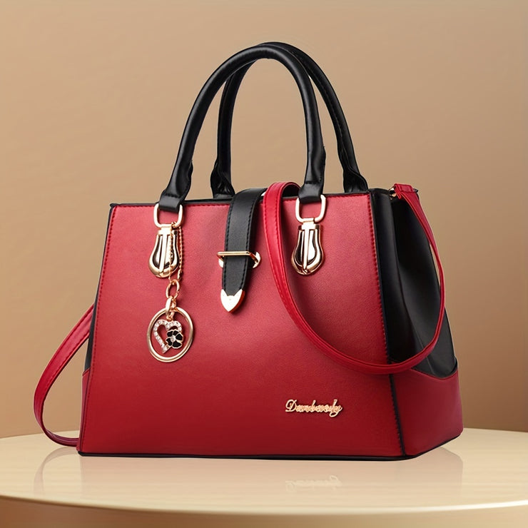 Elegant Double Handle Shoulder Bag for Women with Letter Detail Simple Large Handbag Zippered Removable Strap Work Accessory