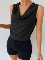 Chic Sleeveless Cowl Neck Blouse for Women Elegant Draped Top Solid Color Casual Wear Polyester Spring/Summer Fashion