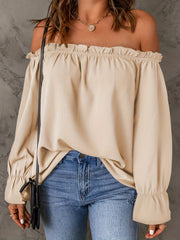 Flirty Off Shoulder Ruffle Trim Blouse - Soft & Flowy Long Sleeve Top for Spring & Fall - Womens Casual Daily Wear