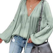 Women's Satin V-Neck Long Sleeve Blouse Casual Lantern Sleeve Top Solid Color Polyester Spandex Blend Woven Shirt for All Seasons