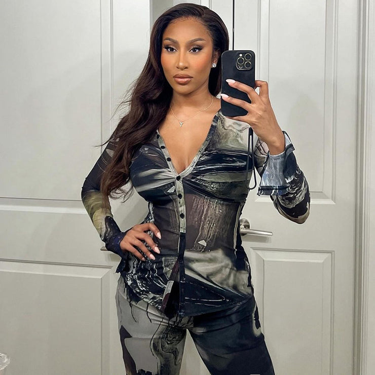 Casual Positioning Printing Lapel Pleated Button Top Two-piece SetPants