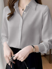Women's 100% Polyester Long Sleeve Blouse Solid Color Non-Stretch Woven Lapel Collar Professional Business Shirt Sexy Anti-Wrinkle