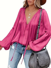 Women's Satin V-Neck Long Sleeve Blouse Casual Lantern Sleeve Top Solid Color Polyester Spandex Blend Woven Shirt for All Seasons