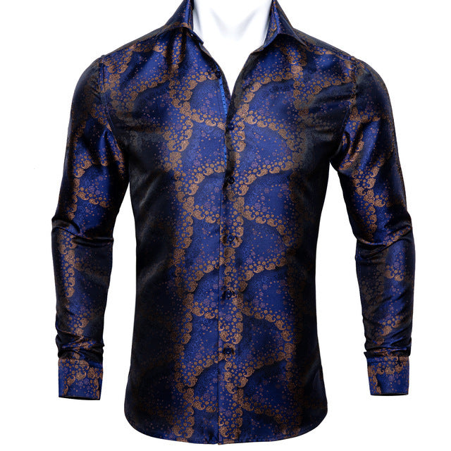 Barry.Wang Teal Paisley Floral Silk  Autumn Long Sleeve Casual Flower Designer Fit Dress Shirt