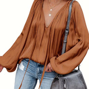 Women's Satin V-Neck Long Sleeve Blouse Casual Lantern Sleeve Top Solid Color Polyester Spandex Blend Woven Shirt for All Seasons