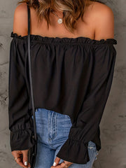 Flirty Off Shoulder Ruffle Trim Blouse - Soft & Flowy Long Sleeve Top for Spring & Fall - Womens Casual Daily Wear