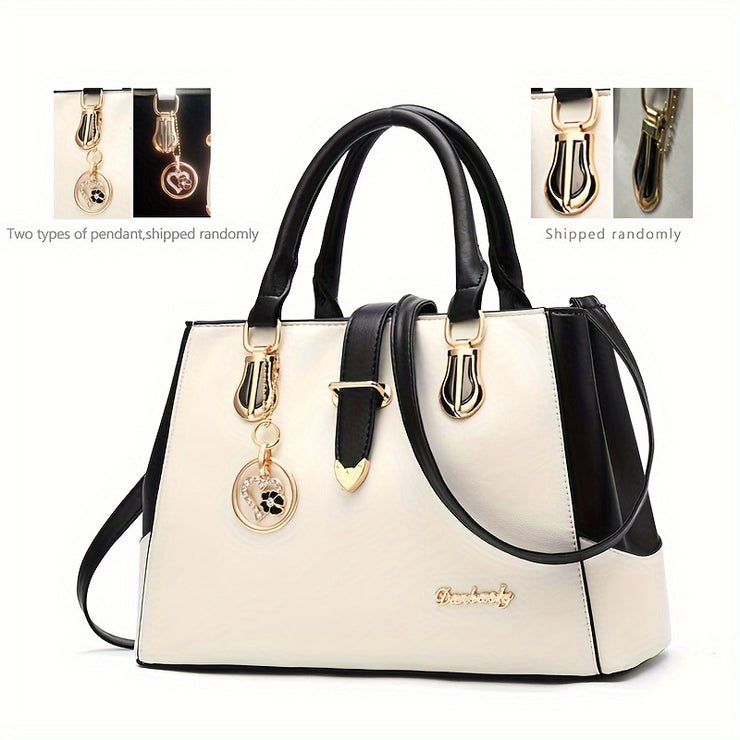 Elegant Double Handle Shoulder Bag for Women with Letter Detail Simple Large Handbag Zippered Removable Strap Work Accessory