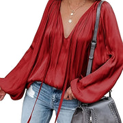 Women's Satin V-Neck Long Sleeve Blouse Casual Lantern Sleeve Top Solid Color Polyester Spandex Blend Woven Shirt for All Seasons