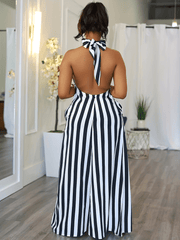 Women's Striped V-neck Halter Dress Backless Design for Spring & Summer Sexy Slip Dress 100% Polyester