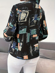 Chic Abstract Print Tie Neck Blouse Flattering Long Sleeves Women's Office Wear Casual V-neck Polyester