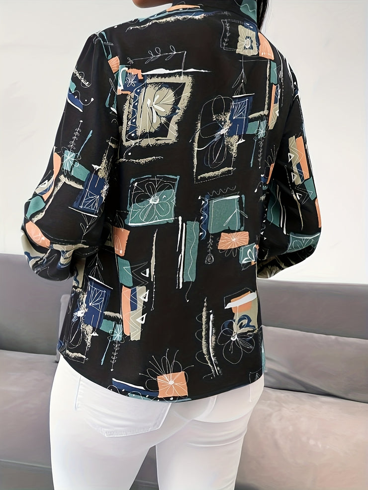 Chic Abstract Print Tie Neck Blouse Flattering Long Sleeves Women&