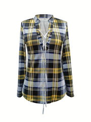 Women's Casual Long Sleeve V Neck Plaid Print Blouse Drawstring Detailing Comfortable Polyester Blend Regular Fit Top