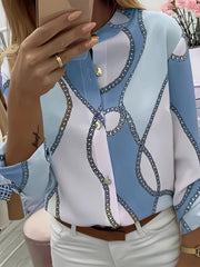 Women's Trendy Boho Chain Print Blouse Rollable Sleeves Stand Collar Durable Non-Sheer Easy Care Top for Spring/Summer/Fall