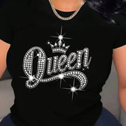 Women's "Queen" Glam Graphic T-Shirt - Sparkling Crown Design, 100% Cotton, Crew Neck, Short Sleeve Casual Top for Spring & Summer, Machine Washable