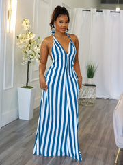 Women's Striped V-neck Halter Dress Backless Design for Spring & Summer Sexy Slip Dress 100% Polyester