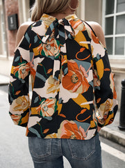Chic Floral Print Halter Neck Blouse for Women Elegant Cold Shoulder Long Sleeve Machine Washable Polyester Casual Stylish Top