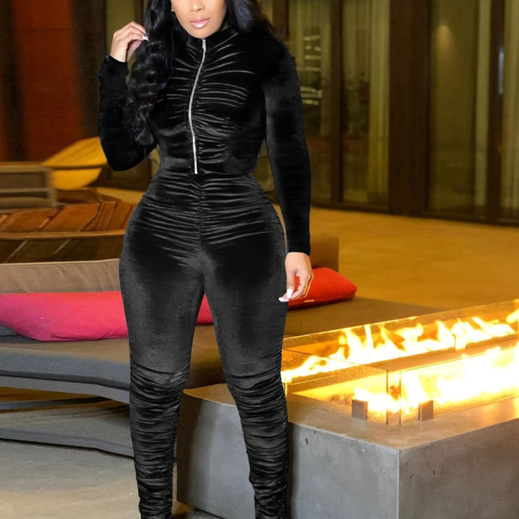 Long Sleeve Crop Top & High Waist Ruched Ruffle Pants Set Soft Polyester Knit Casual Wear Eye Catching Solid Color for Women