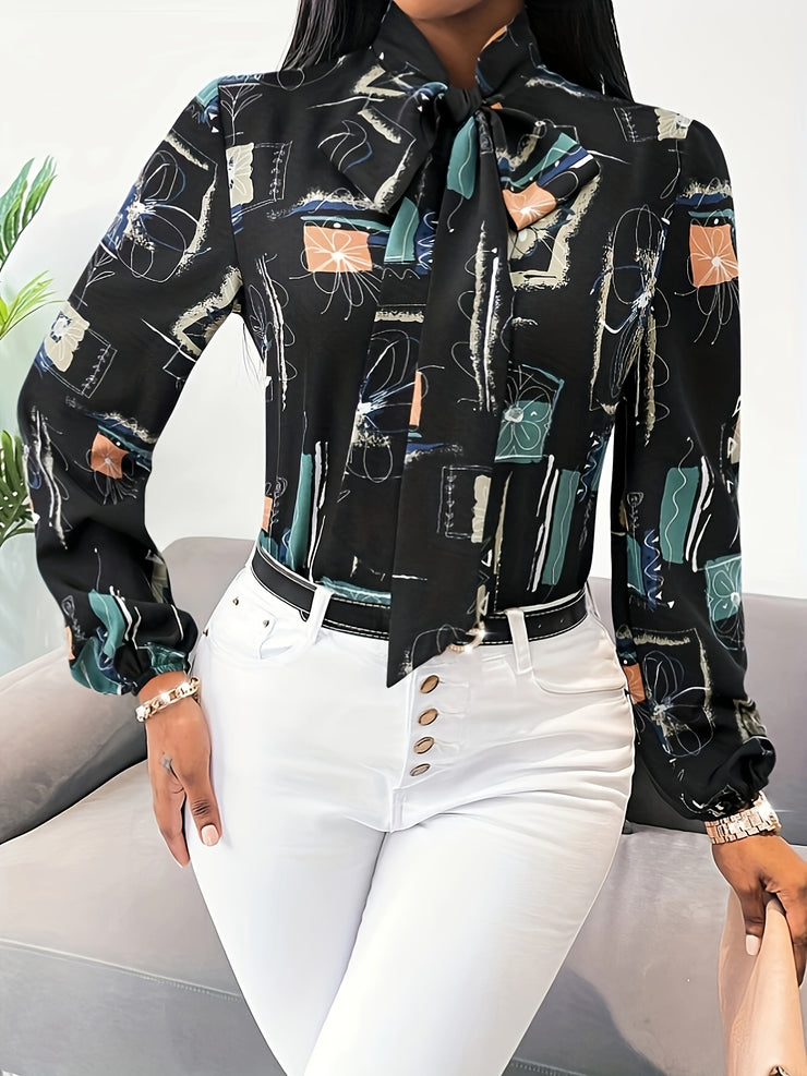 Chic Abstract Print Tie Neck Blouse Flattering Long Sleeves Women&