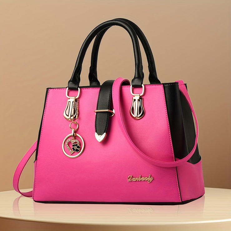 Elegant Double Handle Shoulder Bag for Women with Letter Detail Simple Large Handbag Zippered Removable Strap Work Accessory