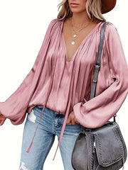 Women's Satin V-Neck Long Sleeve Blouse Casual Lantern Sleeve Top Solid Color Polyester Spandex Blend Woven Shirt for All Seasons