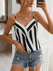 Elegant V-Neck Women's Geometric Cami Top Chic Striped Sleeveless Blouse Breezy Slingback Tank for Summer 100% Polyester