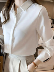 Women's 100% Polyester Long Sleeve Blouse Solid Color Non-Stretch Woven Lapel Collar Professional Business Shirt Sexy Anti-Wrinkle