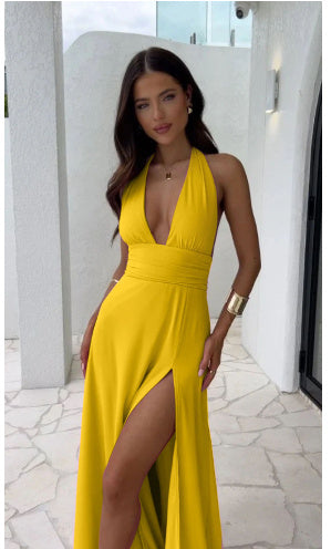 Women Sexy Halter back V-neck Slit Dress Summer Backless Strappy Skirt