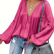 Women's Satin V-Neck Long Sleeve Blouse Casual Lantern Sleeve Top Solid Color Polyester Spandex Blend Woven Shirt for All Seasons