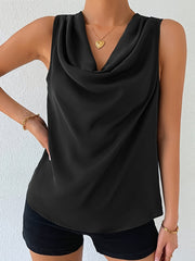 Chic Sleeveless Cowl Neck Blouse for Women Elegant Draped Top Solid Color Casual Wear Polyester Spring/Summer Fashion