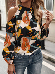 Chic Floral Print Halter Neck Blouse for Women Elegant Cold Shoulder Long Sleeve Machine Washable Polyester Casual Stylish Top