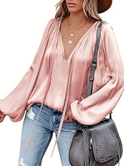 Women's Satin V-Neck Long Sleeve Blouse Casual Lantern Sleeve Top Solid Color Polyester Spandex Blend Woven Shirt for All Seasons