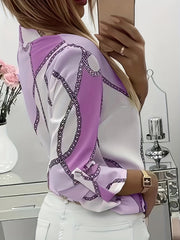 Women's Trendy Boho Chain Print Blouse Rollable Sleeves Stand Collar Durable Non-Sheer Easy Care Top for Spring/Summer/Fall
