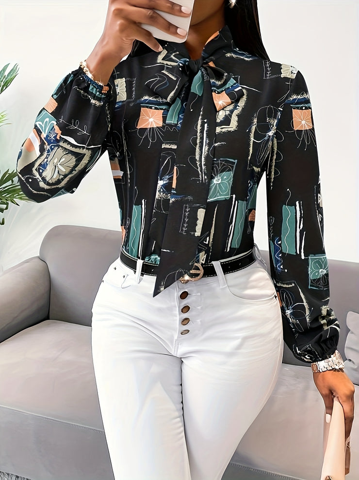 Chic Abstract Print Tie Neck Blouse Flattering Long Sleeves Women&