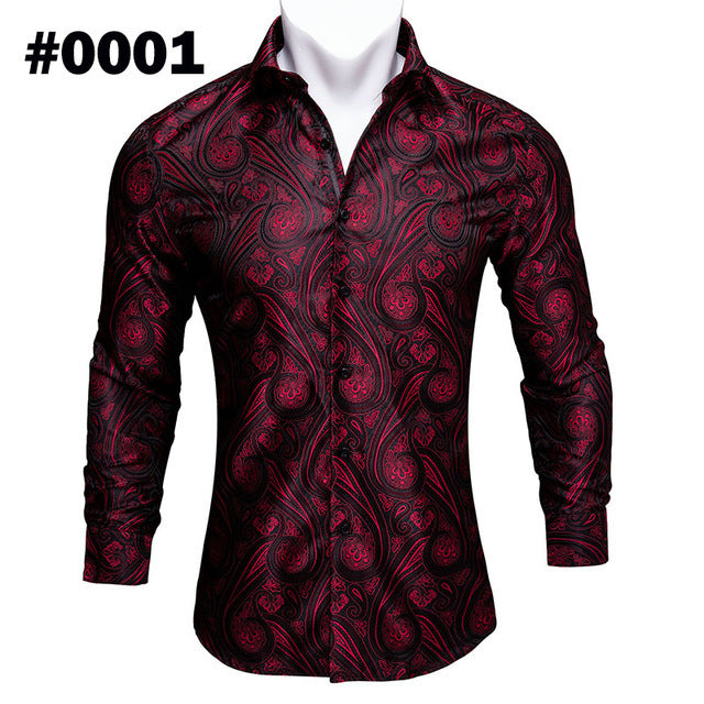 Barry.Wang Teal Paisley Floral Silk  Autumn Long Sleeve Casual Flower Designer Fit Dress Shirt